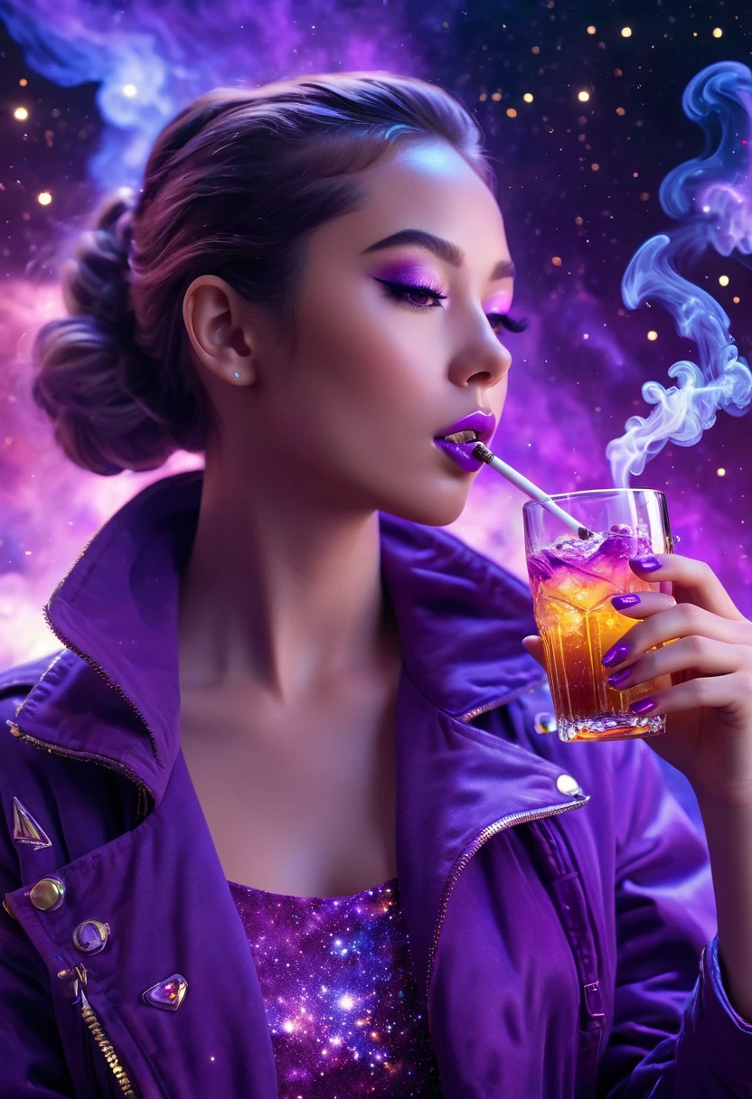 galaxy, space, nebula, Star, sparkling, smokes, (girly look), Intricate details, Octane Rendering, Hyper-photorealism , Octane Rendering, 8k, drink ,Purple dream art