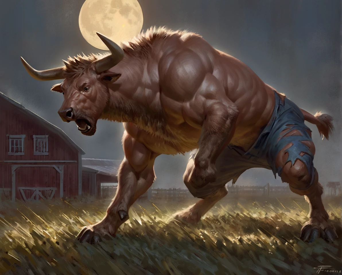 male feral bull mid transformation, illustration, solo, abs, pecs, masterpiece, best art, full body, by taran fiddler, torn pants, torn shirt, detailed hands, tall, detailed eyes, detailed torso, farm, transformation, yelling, fur, standing, night, moon, all fours, gritting teeth, closed eyes
