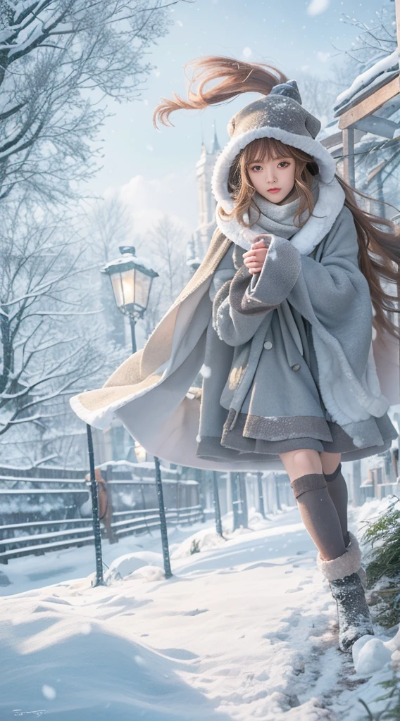 ((Works of masters))，(Ultra-high resolution)，1 girl, Run, ta costume，Cloak (Snow, Outdoor activities in winter:1.2),