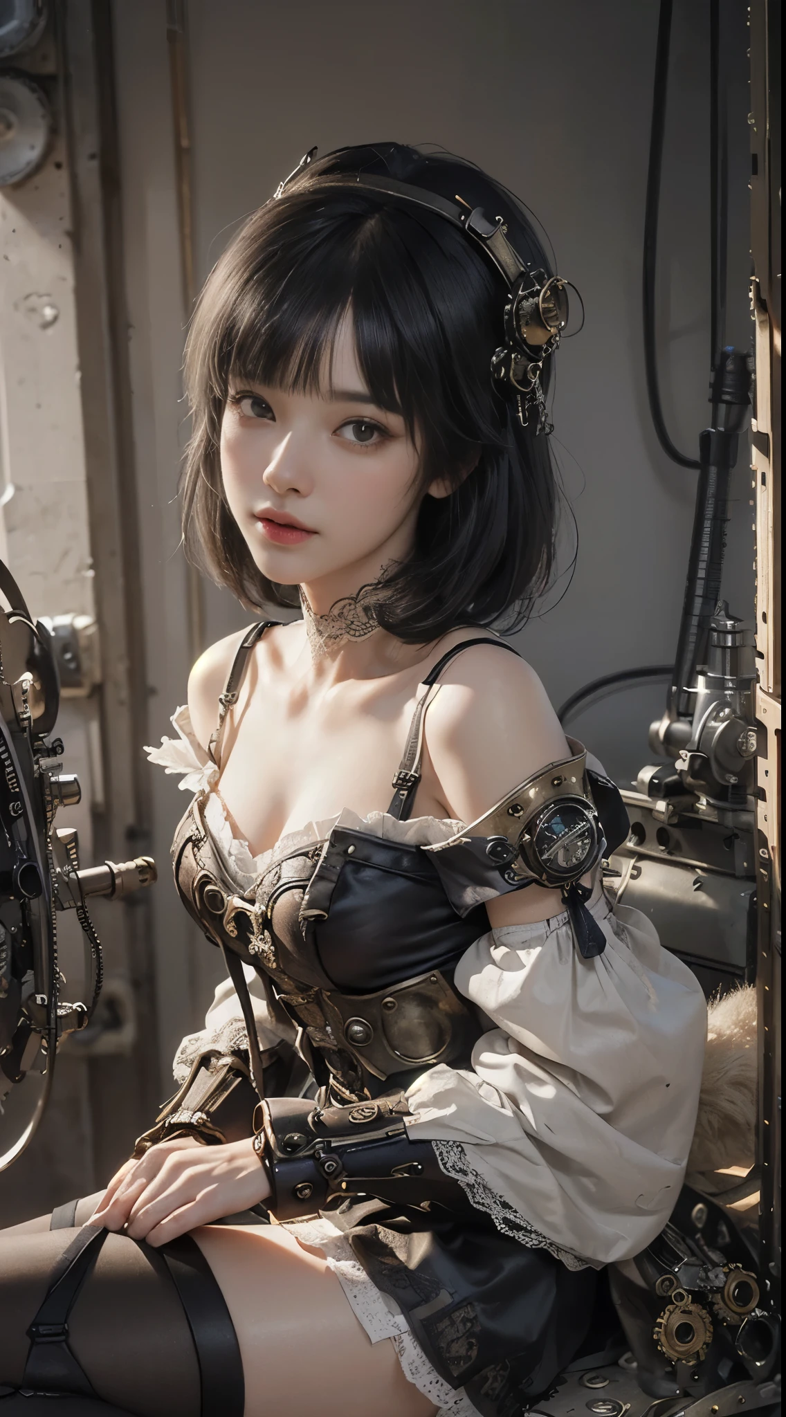 (((masterpiece, highest quality, Super detailed))), 1 female, (((very thin body))) , (((length, thin legs))), (((black short bob, thick fluffy bangs ))), (((highly detailed face))), No cosmetics, small and thin nose, thin mouth with small lips, (((Very sharp focused eyes))), Precise pale gray eyes with large slits, shine like a jewel, length eyelashes, ((Highly decorative intricate mechanical steampunk fashion, Lace Flare Mini Skirt, above the knee lace stockings, Lace Off Shoulder Lolita Fashion, Overly decorative fashion)), Abandoned Night, Complex mechanized steampunk factory catches fire and explodes, (((Overall accuracy has been dramatically improved, creating a Super detailed and realistic image))),  super realistic photos, (((steampunk gun)))