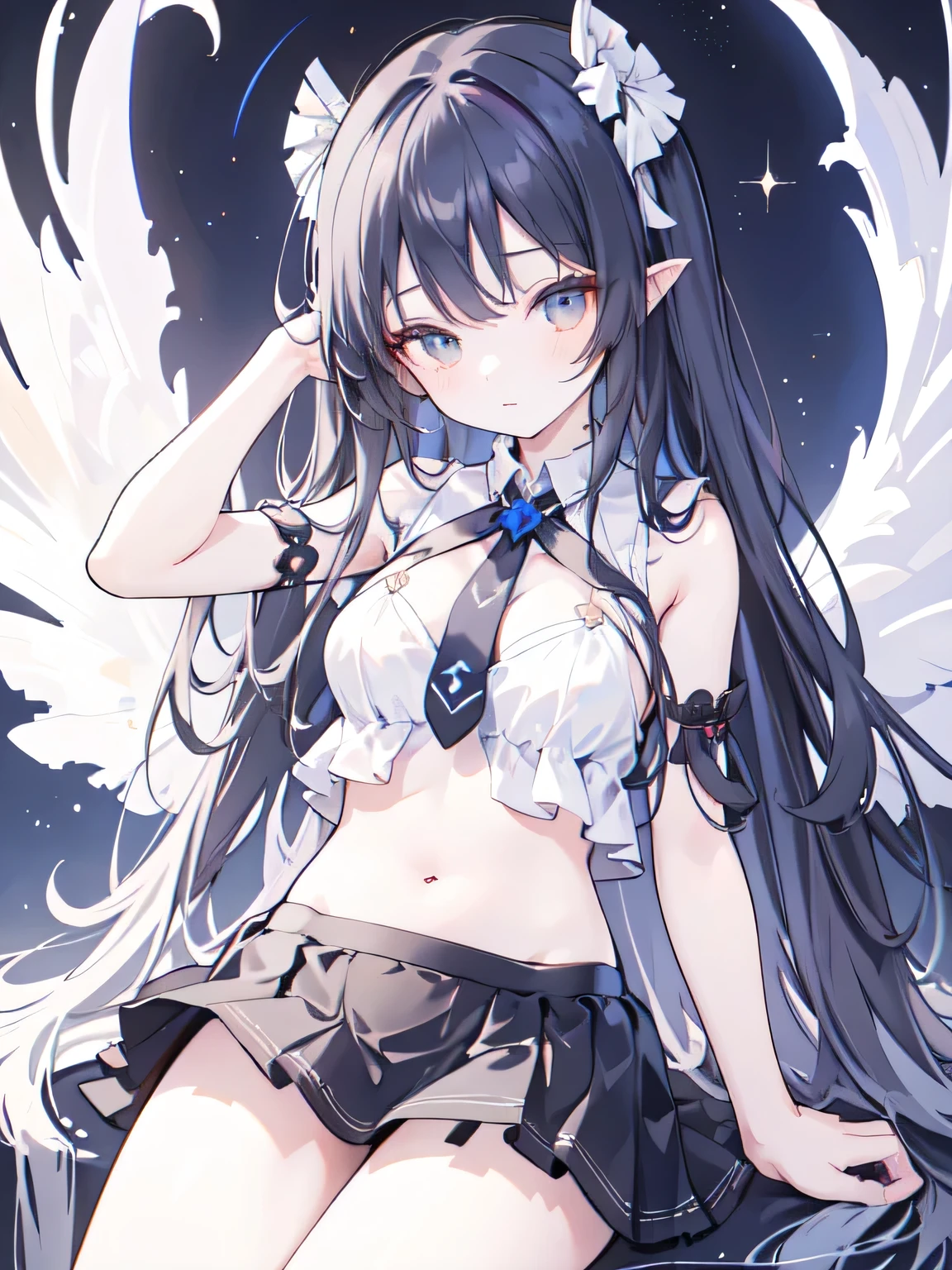 ((best quality)), (Ultra Detailed), ((Extremely detailed)), (fair), ((girl)), ((Ultra HD)), (masterpiece), (high quality), (best quality), (4K), (high quality), (1个girl),Parted bangs, ((Hair intake)), Long hair,(Random Hairstyle), Big Breasts, slim body, (Transparent fabric),Succubus, Normal arm ,miniskirt ,Exposing underwear,Belly tattoo,Starry Sky,Put your hands behind your back