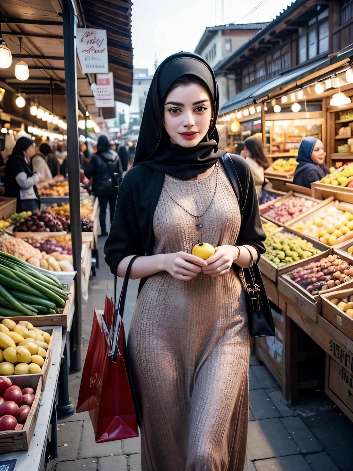 A beauty Anne Hathaway with hijab, holding a handbag, shopping in the market, beautiful detailed eyes, beautiful detailed lips, extremely detailed eyes and face, long eyelashes, cheerful expression, perfect hands, handbag in hand, shopping in a vibrant market, exotic spices and colorful fruits and vegetables, atmospheric lighting, deep and warm color tones, traditional market setting, authentic and lively atmosphere, creative stall displays, interaction with friendly vendors, smiling faces, and bustling crowd, local architecture and cultural elements in the background, (best quality, 4k, 8k,highres, masterpiece:1.2), ultra-detailed, (realistic, photorealistic, photo-realistic:1.3), (full body portrait), tall background