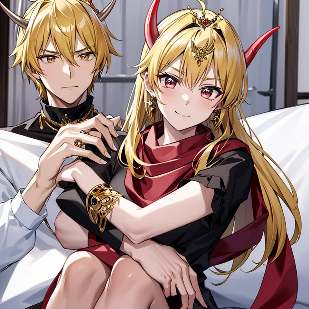 ((best quality)), ((masterpiece)), (detailed), perfect face((Magical Princess、Earrings、necklace、Engagement Rings、Blonde、Black clothes、Luxury accessories、Gold embroidery、Red scarf、Male Devil Kingの妻、Demon Queen))、Male Devil Kingと寄り添う、Male Devil Kingと結婚、Male Devil Kingとキスする((Male Devil King、Hugging a woman))