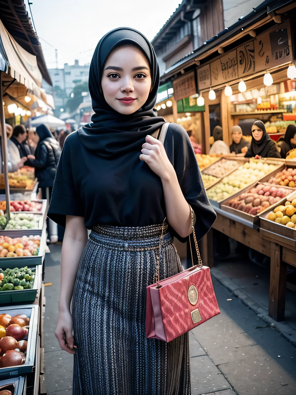 A beauty Emma stone with hijab, holding a handbag, shopping in the market, beautiful detailed eyes, beautiful detailed lips, extremely detailed eyes and face, long eyelashes, cheerful expression, perfect hands, handbag in hand, shopping in a vibrant market, exotic spices and colorful fruits and vegetables, atmospheric lighting, deep and warm color tones, traditional market setting, authentic and lively atmosphere, creative stall displays, interaction with friendly vendors, smiling faces, and bustling crowd, local architecture and cultural elements in the background, (best quality, 4k, 8k,highres, masterpiece:1.2), ultra-detailed, (realistic, photorealistic, photo-realistic:1.3), (full body portrait), tall background