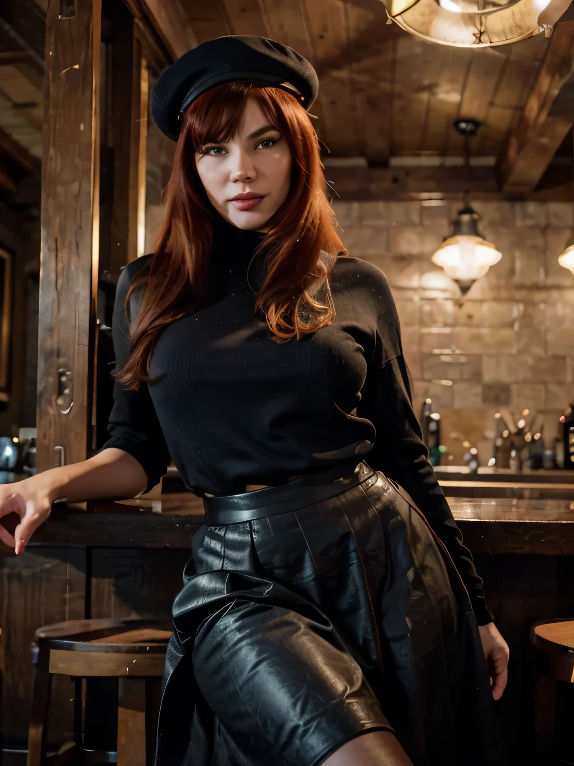red hair smiling Bettie Page with red hair, wearing military shirt and hat, black gloves and  has eyepatch, she wants to make love,flirting with the camera, Brown long maxi-skirt(black long maxi-skirt:1.2 ) inside an old english pub sitting on a stool, ultra realistic, art conceptuel, elegant, Very detailed, complexe, sharp Focus, depth oF Field, F/1. 8, 85mm, (((proFessionally color graded))), bright soFt diFFused light, (volumetric Fog), tendance sur Instagram, hdr 4k, 8K