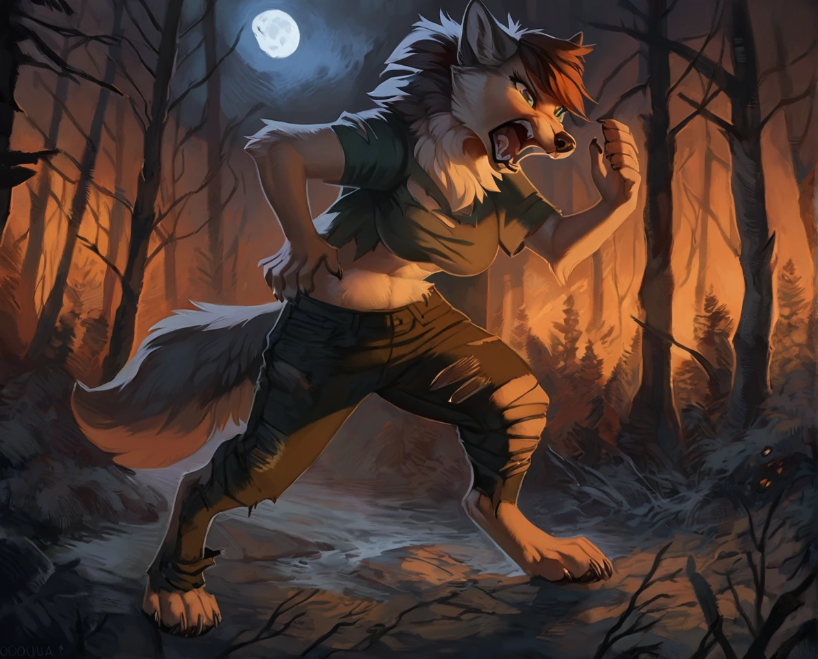 Female wolf mid transformation, illustration, solo, masterpiece, best art, full body, digitigrade, by hioshiru, by oouna torn pants, torn shirt, detailed hands, tall, detailed eyes, detailed torso, forest, angry expression, transformation, yelling, human face, standing, night, moon, busty