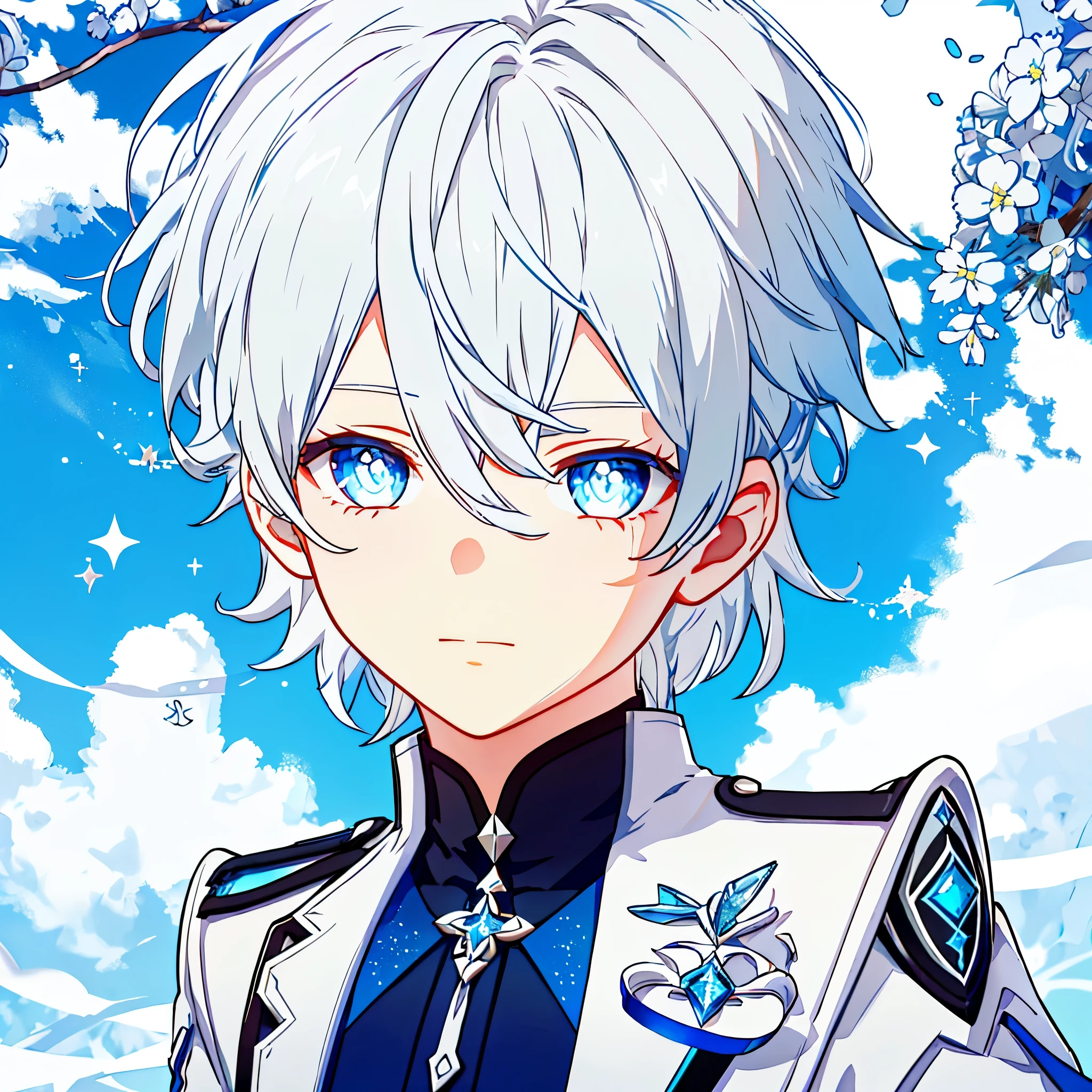 1 boy, white hair, blue sparkling eyes, handsome， The upper part of the body，short hair， exteriors， daysieackgound， blue-sky， Skysky， chies， looking at viewert， stairwayont， close-up,    detailed face,    detailed eyes