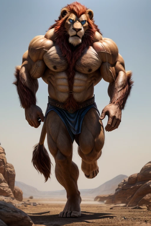 A realistic image of Lion-o of the thundercats, super muscular giant, with muscular arms, broad shoulders, giant toned physique, muscular veins popping, super hairy brown, blue eyes, with veins popping, running barefoot,