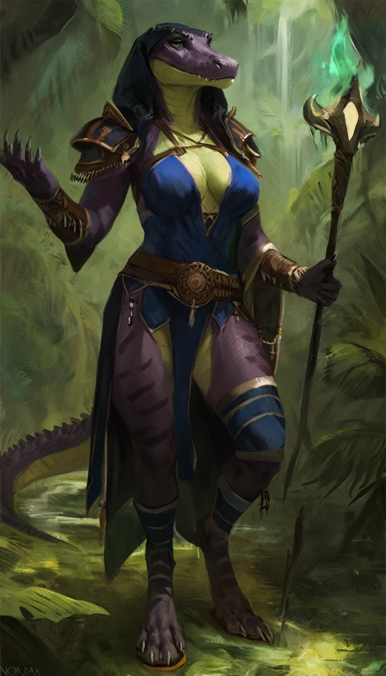 Anthro female alligator hybrid, solo, serious expression, masterpiece, best art, body, by oouna, by nomax, detailed eyes, detailed body, claws, tall, abs, pauldrons, chest belt, staff, shaman robes, casting magic, witch, tribal, magic swamp, milf body, revealing outfit, digitigrade sandals, exposed midriff