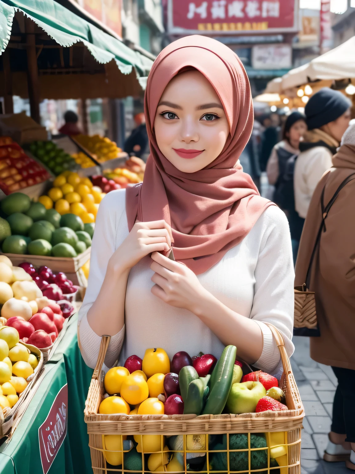 A beauty Emma stone with hijab, holding a handbag, shopping in the market, beautiful detailed eyes, beautiful detailed lips, extremely detailed eyes and face, long eyelashes, cheerful expression, perfect hands, handbag in hand, shopping in a vibrant market, exotic spices and colorful fruits and vegetables, atmospheric lighting, deep and warm color tones, traditional market setting, authentic and lively atmosphere, creative stall displays, interaction with friendly vendors, smiling faces, and bustling crowd, local architecture and cultural elements in the background, (best quality, 4k, 8k,highres, masterpiece:1.2), ultra-detailed, (realistic, photorealistic, photo-realistic:1.3), (full body portrait), tall background