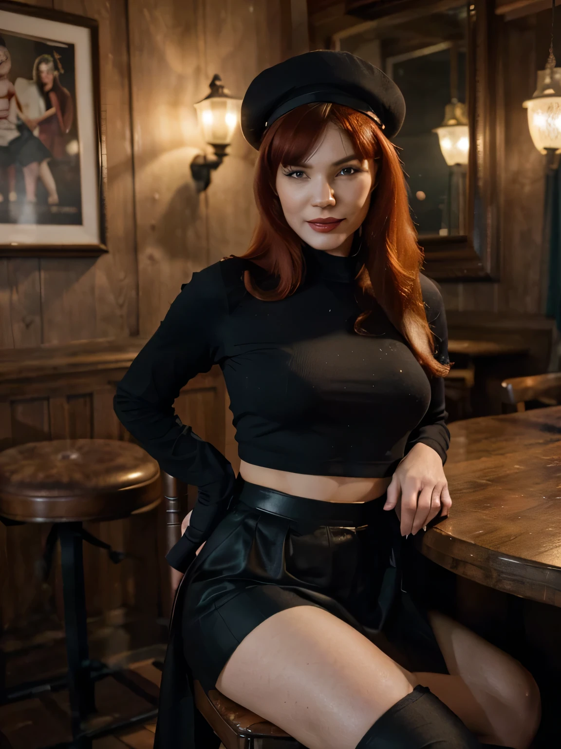 red hair ponytail smiling Bettie Page with red hair, wearing military shirt and hat, black gloves and has eyepatch, she wants to make love,flirting with the camera, Brown long maxi-skirt(black long maxi-skirt:1.2 ) inside an old english pub sitting on a stool, ultra realistic, art conceptuel, elegant, Very detailed, complexe, sharp Focus, depth oF Field, F/1. 8, 85mm, (((proFessionally color graded))), bright soFt diFFused light, (volumetric Fog), tendance sur Instagram, hdr 4k, 8K