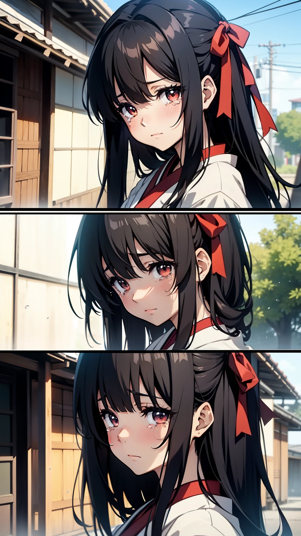 A screenshot of an anime shows a beautiful black-haired girl with red ribbons in her hair looking at the camera and crying in the style of Japanese animation. --niji