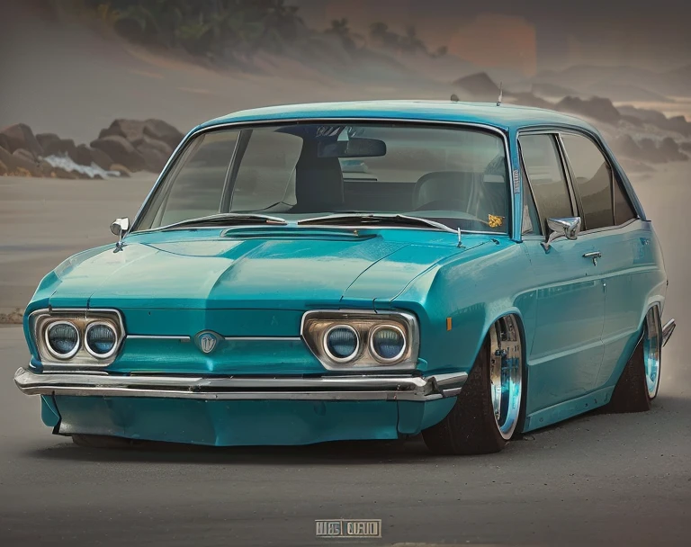um close de um carro azul estacionado em uma praia, corpo largo, estilo lowrider, Da noite, cores bonitas, arrogance! cultura lowrider, azul matizado, Discreto, with cool headlights, tom legal, low vision, Epic Stance, some brightness and specifications, tom azul, classic vibes, perspectiva baixa, full view of a car, cyan headlights