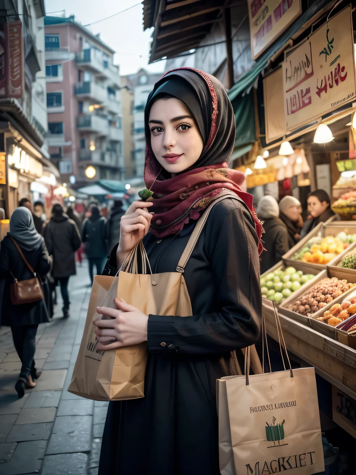 A beauty Anne Hathaway with hijab, holding a handbag, shopping in the market, beautiful detailed eyes, beautiful detailed lips, extremely detailed eyes and face, long eyelashes, cheerful expression, perfect hands, handbag in hand, shopping in a vibrant market, exotic spices and colorful fruits and vegetables, atmospheric lighting, deep and warm color tones, traditional market setting, authentic and lively atmosphere, creative stall displays, interaction with friendly vendors, smiling faces, and bustling crowd, local architecture and cultural elements in the background, (best quality, 4k, 8k,highres, masterpiece:1.2), ultra-detailed, (realistic, photorealistic, photo-realistic:1.3), (full body portrait), tall background