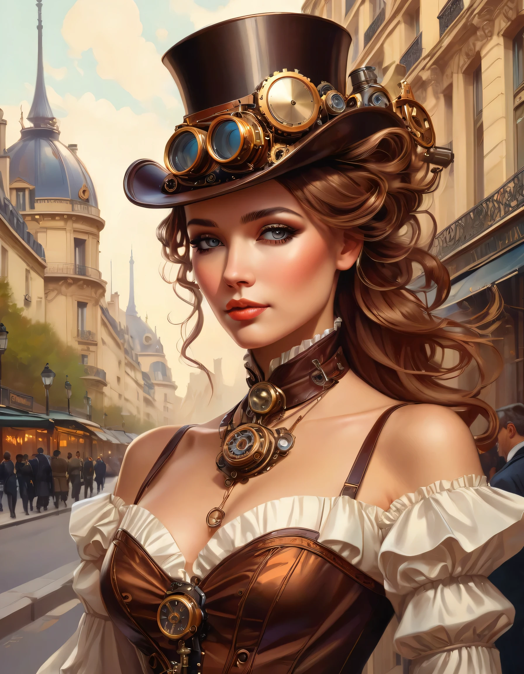 photo of (( )), wearing elegant dress steampunk items, modern day in Paris , intricate, elegant, highly detailed, digital painting, artstation, concept art, smooth, sharp focus, illu0.8ation, art by artgerm and greg rutkowski and alphonse mucha