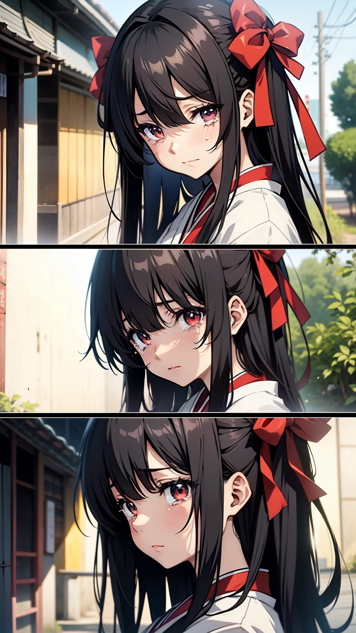 A screenshot of an anime shows a beautiful black-haired girl with red ribbons in her hair looking at the camera and crying in the style of Japanese animation. --niji
