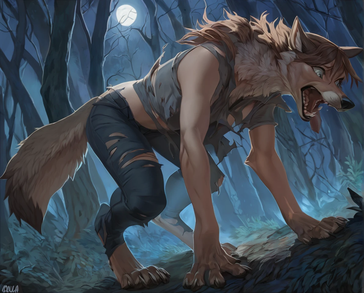 Female wolf mid transformation, illustration, solo, masterpiece, best art, full body, digitigrade, by patto, by oouna, torn pants, torn shirt, detailed hands, tall, detailed eyes, detailed torso, forest, painful expression, transformation, yelling, human face, standing, night, moon, all fours, covered breasts, closed eyes