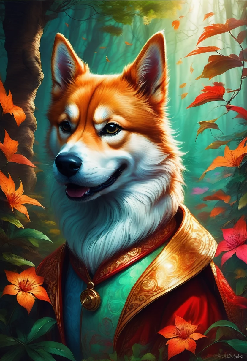 A Shiba Inu, aesthetic, (best quality,4k,8k,highres,masterpiece:1.2),ultra-detailed,(realistic,photorealistic,photo-realistic:1.37),dog,Shiba Inu,cute fluffy dog,loyal companion,playful expression,friendly temperament,curled tail,triangular ears,squishy face,adorable button nose,beautiful red coat,natural hunting abilities,expressive eyes,alert posture,running in the park,sunlight filtering through the trees,green grass and colorful flowers in the background,nature,leash,falling leaves,joyful energy,blissful expression,soft fur texture,sharp focus,vivid colors,playful interaction with other dogs,smiling owner's face,unconditional love and happiness,portrait,close-up,photography