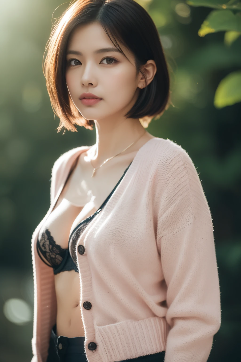 asian lady wear (((pink cardigan))), ((black bra and straps), necklace, small breast, rounded shape breast,  ((she)), ((mid-shot, full body, slender waist)), Hair Up Do、 Glowing eyes, nose blush, Carl Larsson, Alfonse Mucha, Chiaroscuro, Film Glenn, reflective light, (((mid-Shot))), waist to top,longshot show full body, masterpiece, high details, sun light on her, leaf shading, ((lean forward)) ,