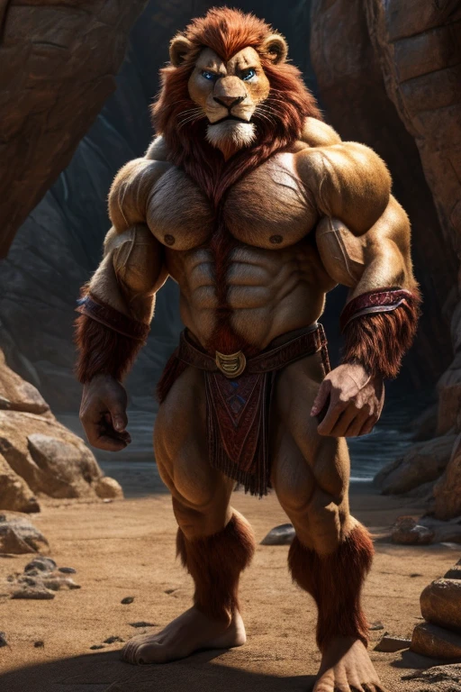 A realistic image of Lion-o of the thundercats, super muscular giant, with muscular arms, broad shoulders, giant toned physique, muscular veins popping, super hairy brown, blue eyes, with veins popping, barefoot,