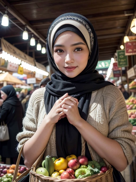 A beauty Anne Avantie with hijab, holding a handbag, shopping in the market, beautiful detailed eyes, beautiful detailed lips, extremely detailed eyes and face, long eyelashes, cheerful expression, perfect hands, handbag in hand, shopping in a vibrant market, exotic spices and colorful fruits and vegetables, atmospheric lighting, deep and warm color tones, traditional market setting, authentic and lively atmosphere, creative stall displays, interaction with friendly vendors, smiling faces, and bustling crowd, local architecture and cultural elements in the background, (best quality, 4k, 8k,highres, masterpiece:1.2), ultra-detailed, (realistic, photorealistic, photo-realistic:1.3), (full body portrait), tall background