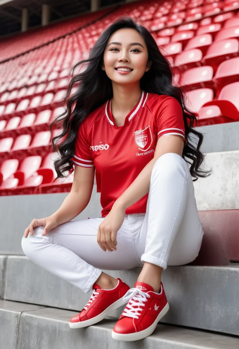 1girl, photo of portrait of beautiful bright (asian woman), (warm tanned skin), (Black long hair with soft curl),
full body photo, wear indonesian "ERSPO" red jersey with white stripes and white jeans, and red snakers, as supporters, in stadium at top tribune, full of supporters,