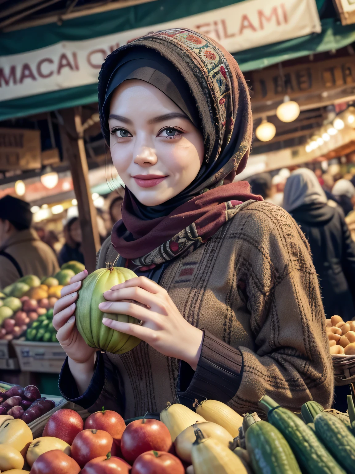 A beauty Emma stone with hijab, holding a handbag, shopping in the market, beautiful detailed eyes, beautiful detailed lips, extremely detailed eyes and face, long eyelashes, cheerful expression, perfect hands, handbag in hand, shopping in a vibrant market, exotic spices and colorful fruits and vegetables, atmospheric lighting, deep and warm color tones, traditional market setting, authentic and lively atmosphere, creative stall displays, interaction with friendly vendors, smiling faces, and bustling crowd, local architecture and cultural elements in the background, (best quality, 4k, 8k,highres, masterpiece:1.2), ultra-detailed, (realistic, photorealistic, photo-realistic:1.3), (full body portrait), tall background