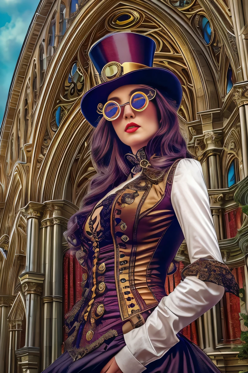 Hyperrealist full shot of a sexy malicious steampunk gal by david hockney and alphonse mucha,photography art, photo hyper-realistic, dynamic lighting, artstation, poster, volumetric lighting, very detailed faces, 4 k, award winning, 1girl, gothic cathedral n background, deep shadow,(steampunk clothing:1.4) ,long hair, steampunk intricate top hat