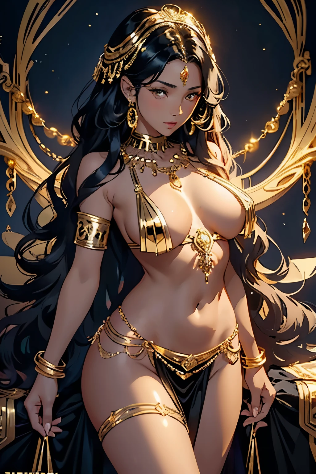 best quality, extremely beautiful, beautiful face, long wavy dark hair, Woman Dark, Brown skin, (Shiny skin : 1.5), big breasts, long sexy black and gold dress neckline navel, black and gold breast curtains, long black and gold open front skirt, arousal pose, (Accessories: gold-plated chains with torn body : 1.1), (extremely long necklace that goes down to the navel : 1.1), gold leaf shaped hair brooch