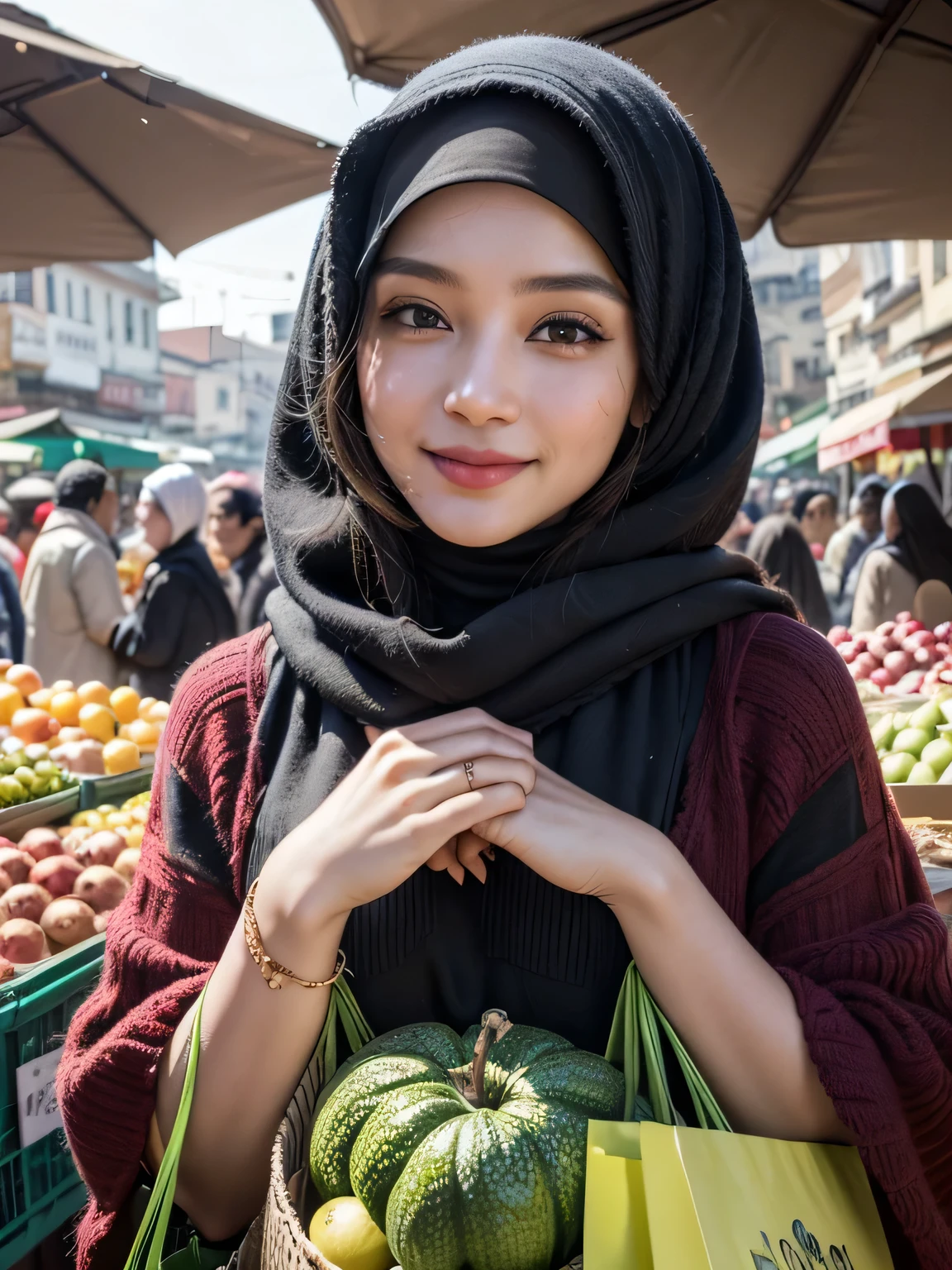 A beauty Anne Avantie with hijab, holding a handbag, shopping in the market, beautiful detailed eyes, beautiful detailed lips, extremely detailed eyes and face, long eyelashes, cheerful expression, perfect hands, handbag in hand, shopping in a vibrant market, exotic spices and colorful fruits and vegetables, atmospheric lighting, deep and warm color tones, traditional market setting, authentic and lively atmosphere, creative stall displays, interaction with friendly vendors, smiling faces, and bustling crowd, local architecture and cultural elements in the background, (best quality, 4k, 8k,highres, masterpiece:1.2), ultra-detailed, (realistic, photorealistic, photo-realistic:1.3), (full body portrait), tall background