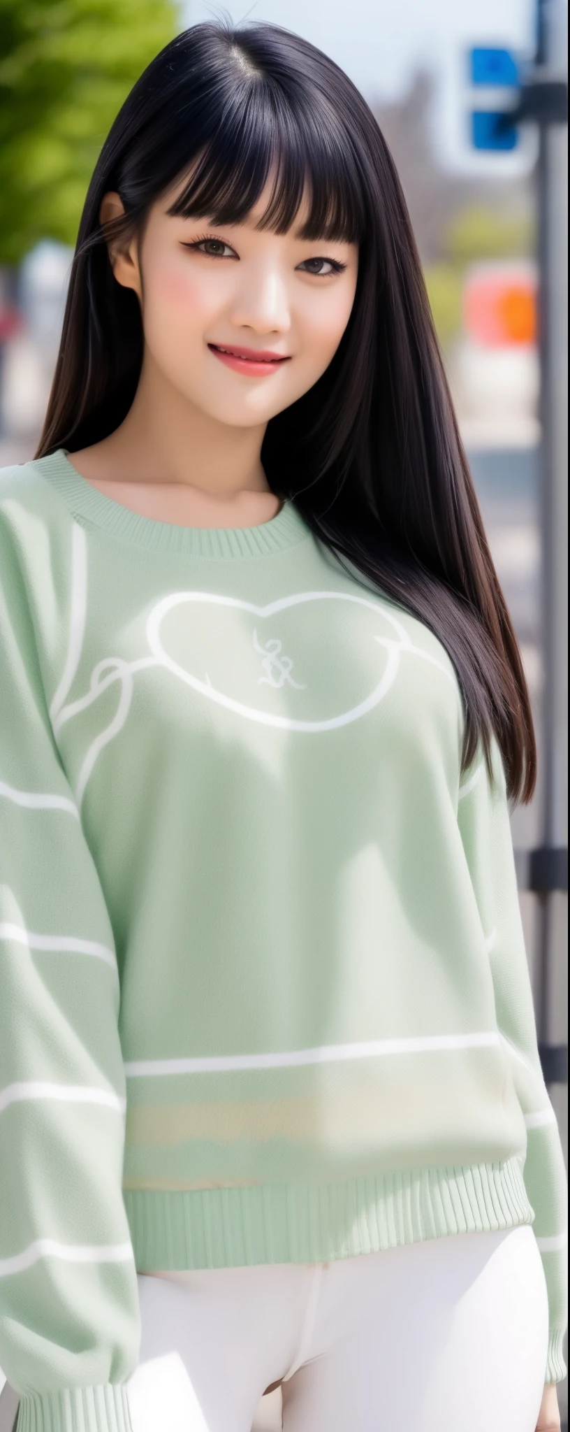 masuterpiece, Best Quality, Illustration, Ultra-detailed, finely detail, hight resolution, 8K Wallpaper, Perfect dynamic composition, from front, Beautiful detailed eyes, Medium Hair, wearing very short pants:1.2, long sleeve Sweatshirt, leggings, Natural Color Lip, Random poses, Smile, Aoyama Street Walk, 28 years girl