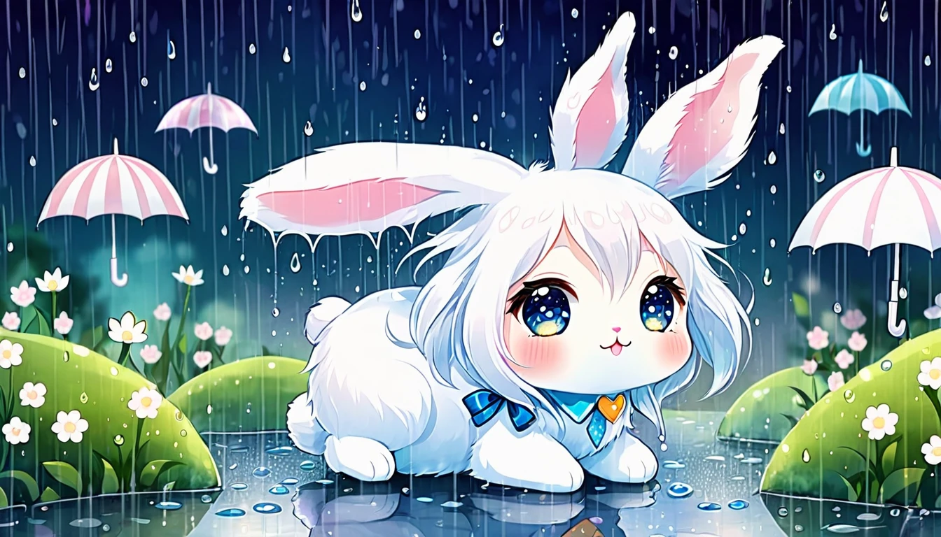 Cute and fluffy, Original Chibi Rabbit, fantasy, Cute rainy, rabbit,An illustration,