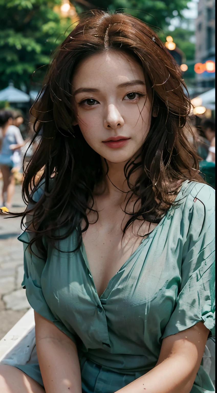 Close-up photo of a beautiful Korean woman, Chest size 36 inches, medium hair, Wearing a mint colored halter top and holding ice cream., Sitting at the ice cream booth, sunset light, bokeh background 