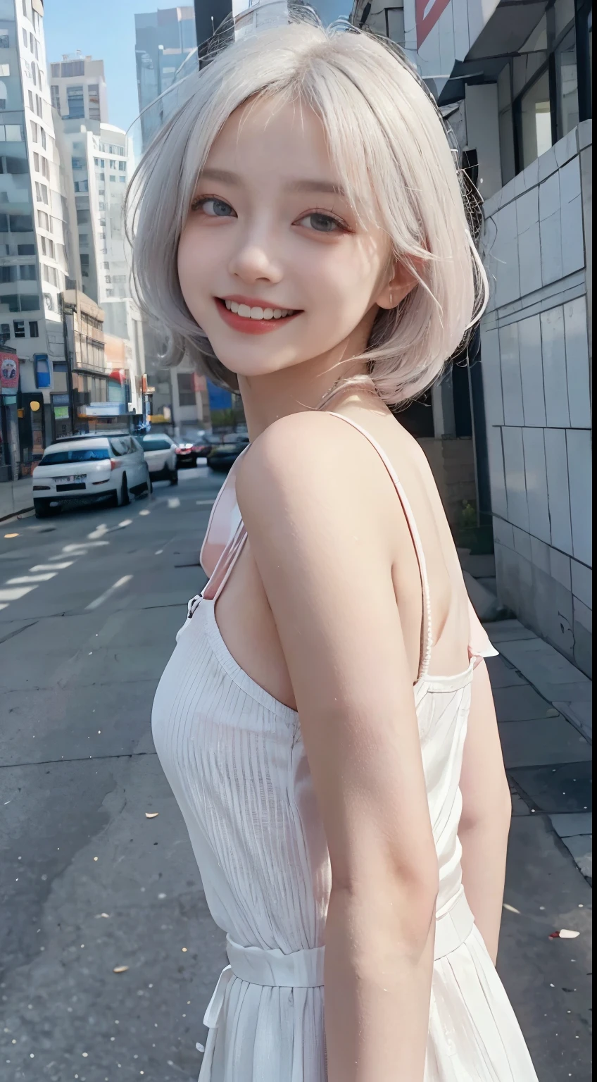 Best image quality、RAW Photos、超A high resolution、21 years old Korean、Small breasts、Dynamic Angle、Cowboy Shot、Chaos in its most beautiful form、elegant、brutalism design、Vibrant colors、Beautiful white hair、Short Bob、smile、fun、smile、Glowing White Skin、Beautiful eyes with random colors、Very thin lips、Beautiful eyes in every detail、length, Narrow eyes、Cheeks are pale pink、length eyelashes、Beautiful double eyelids、eye shadow、Bright white hair、Over oats、hand、city、Shooting from the side、Full Body Shot