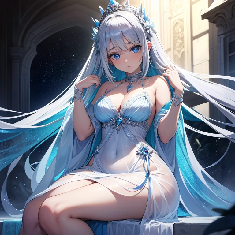 The girl had silver hair, que brillaba al sol, y ojos azules brillantes que brillaban como diamantes. Her  figure was wrapped in a flowy dress., mientras alas plateadas brotaban de su espalda. On her head was a diamond crown that shone even in the shadows..