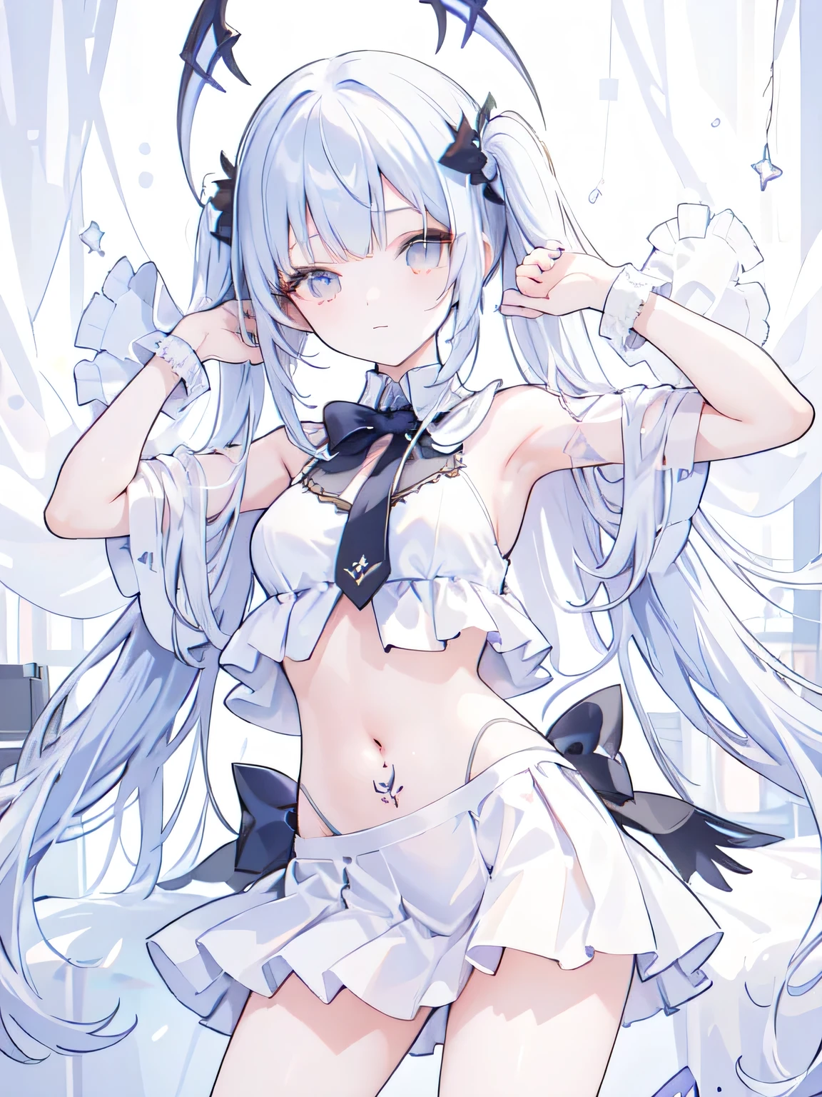 ((best quality)), (Ultra Detailed), ((Extremely detailed)), (fair), ((girl)),  ((Ultra HD)), (masterpiece), (high quality), (best quality), (4K), (high quality), （1个girl），Parted bangs, ((Hair intake)), Long hair,（Random Hairstyle）， Big Breasts, slim body, （Transparent fabric），Succubus， Normal arm ，miniskirt ，Exposing underwear，Belly tattoo，Starry Sky，Put your hands behind your back