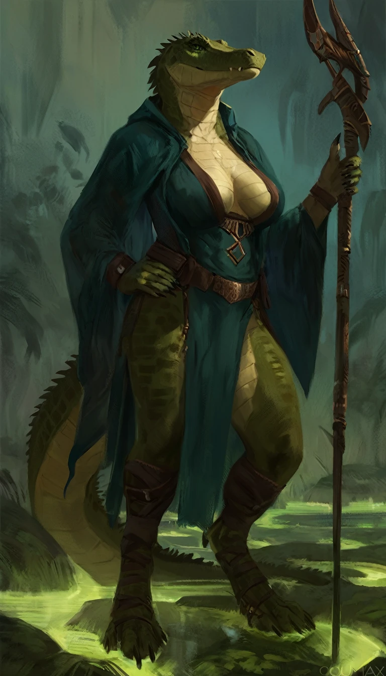 Anthro female alligator hybrid, solo, serious expression, masterpiece, best art, body, by oouna, by nomax, detailed eyes, detailed body, claws, tall, pauldrons, chest belt, staff, skimpy robes, casting magic, witch, tribal, magic swamp, curvy, revealing outfit, digitigrade sandals, exposed belly, subtle abs