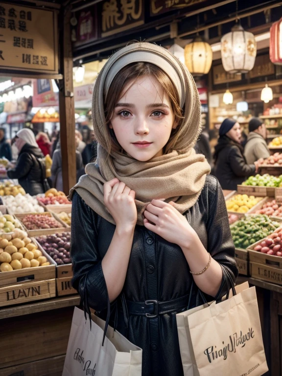 A beauty Emma Watson with hijab, holding a handbag, shopping in the market, beautiful detailed eyes, beautiful detailed lips, extremely detailed eyes and face, long eyelashes, cheerful expression, perfect hands, handbag in hand, shopping in a vibrant market, exotic spices and colorful fruits and vegetables, atmospheric lighting, deep and warm color tones, traditional market setting, authentic and lively atmosphere, creative stall displays, interaction with friendly vendors, smiling faces, and bustling crowd, local architecture and cultural elements in the background, (best quality, 4k, 8k,highres, masterpiece:1.2), ultra-detailed, (realistic, photorealistic, photo-realistic:1.3), (full body portrait), tall background