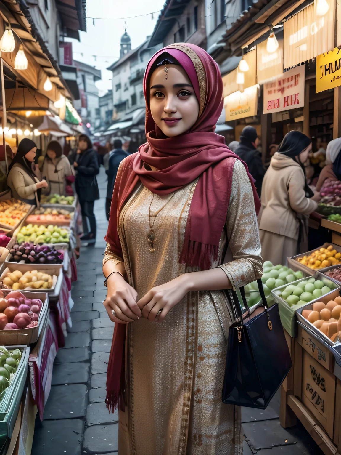 A beauty Disha Patani with hijab, holding a handbag, shopping in the market, beautiful detailed eyes, beautiful detailed lips, extremely detailed eyes and face, long eyelashes, cheerful expression, perfect hands, handbag in hand, shopping in a vibrant market, exotic spices and colorful fruits and vegetables, atmospheric lighting, deep and warm color tones, traditional market setting, authentic and lively atmosphere, creative stall displays, interaction with friendly vendors, smiling faces, and bustling crowd, local architecture and cultural elements in the background, (best quality, 4k, 8k,highres, masterpiece:1.2), ultra-detailed, (realistic, photorealistic, photo-realistic:1.3), (full body portrait), tall background