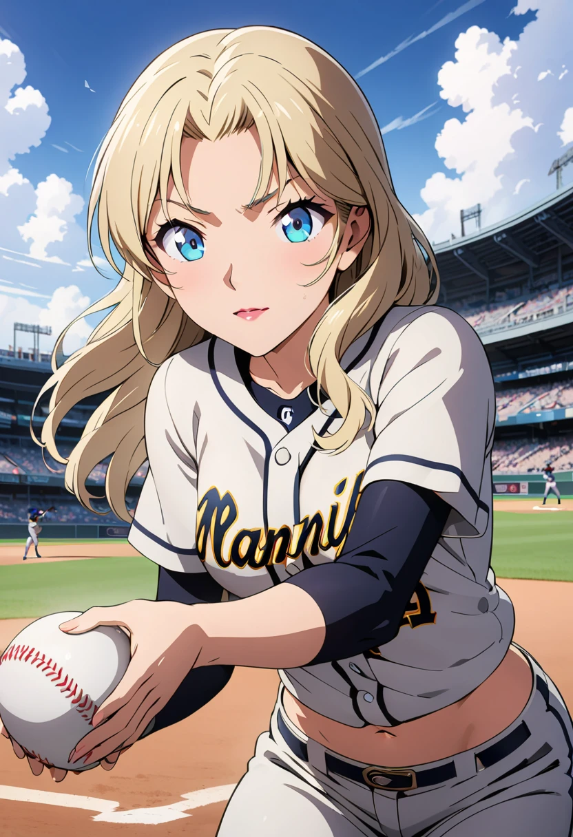 Female baseball player pitching，Batting dynamics，Correct ergonomics（1.5），masterpiece，top quality，Ultra wide-angle lens（1.5)（Realistically，Realistically：1.4），（original photo：1.4），Very beautiful CG unity 8k wallpaper，Very delicate and beautiful，Mann pays attention to detail，official art，beautiful eyes and face（1.5），Beautiful and delicate eyes，There is light on the face，（A mature beauty：1.4），Long blond hair，（Pompom）navel，upper body，Baseball uniform，He wears baseball gloves on his hands， Baseball field，Anime style