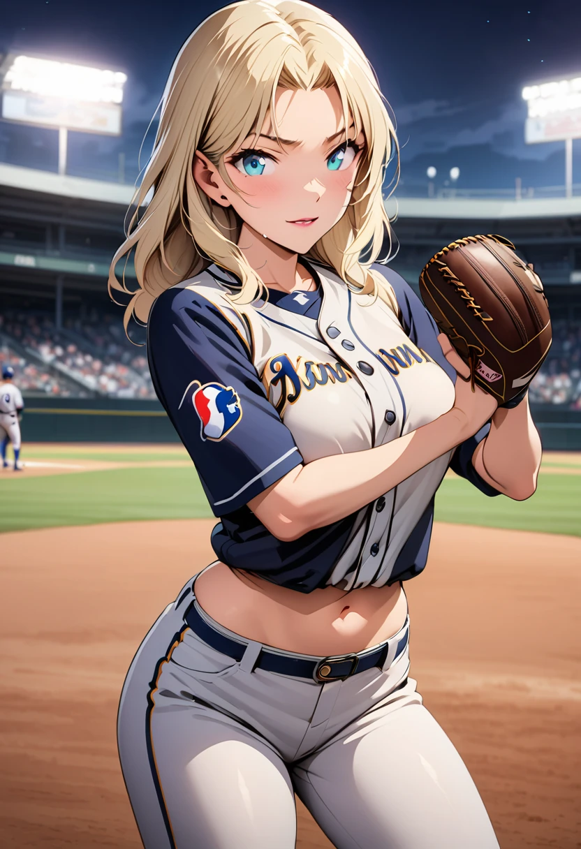 Female baseball player pitching，Batting dynamics，Correct ergonomics（1.5），masterpiece，top quality，Ultra wide-angle lens（1.5)（Realistically，Realistically：1.4），（original photo：1.4），Very beautiful CG unity 8k wallpaper，Very delicate and beautiful，Mann pays attention to detail，official art，beautiful eyes and face（1.5），Beautiful and delicate eyes，There is light on the face，（A mature beauty：1.4），Long blond hair，（Pompom）navel，upper body，Baseball uniform，He wears baseball gloves on his hands， Baseball field，Anime style