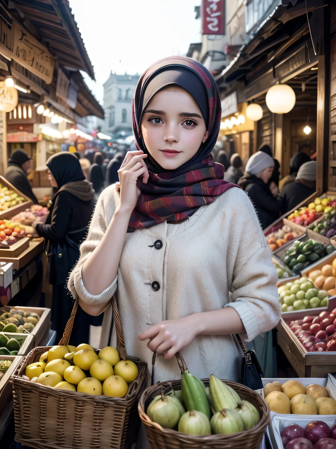 A beauty Emma Watson with hijab, holding a handbag, shopping in the market, beautiful detailed eyes, beautiful detailed lips, extremely detailed eyes and face, long eyelashes, cheerful expression, perfect hands, handbag in hand, shopping in a vibrant market, exotic spices and colorful fruits and vegetables, atmospheric lighting, deep and warm color tones, traditional market setting, authentic and lively atmosphere, creative stall displays, interaction with friendly vendors, smiling faces, and bustling crowd, local architecture and cultural elements in the background, (best quality, 4k, 8k,highres, masterpiece:1.2), ultra-detailed, (realistic, photorealistic, photo-realistic:1.3), (full body portrait), tall background