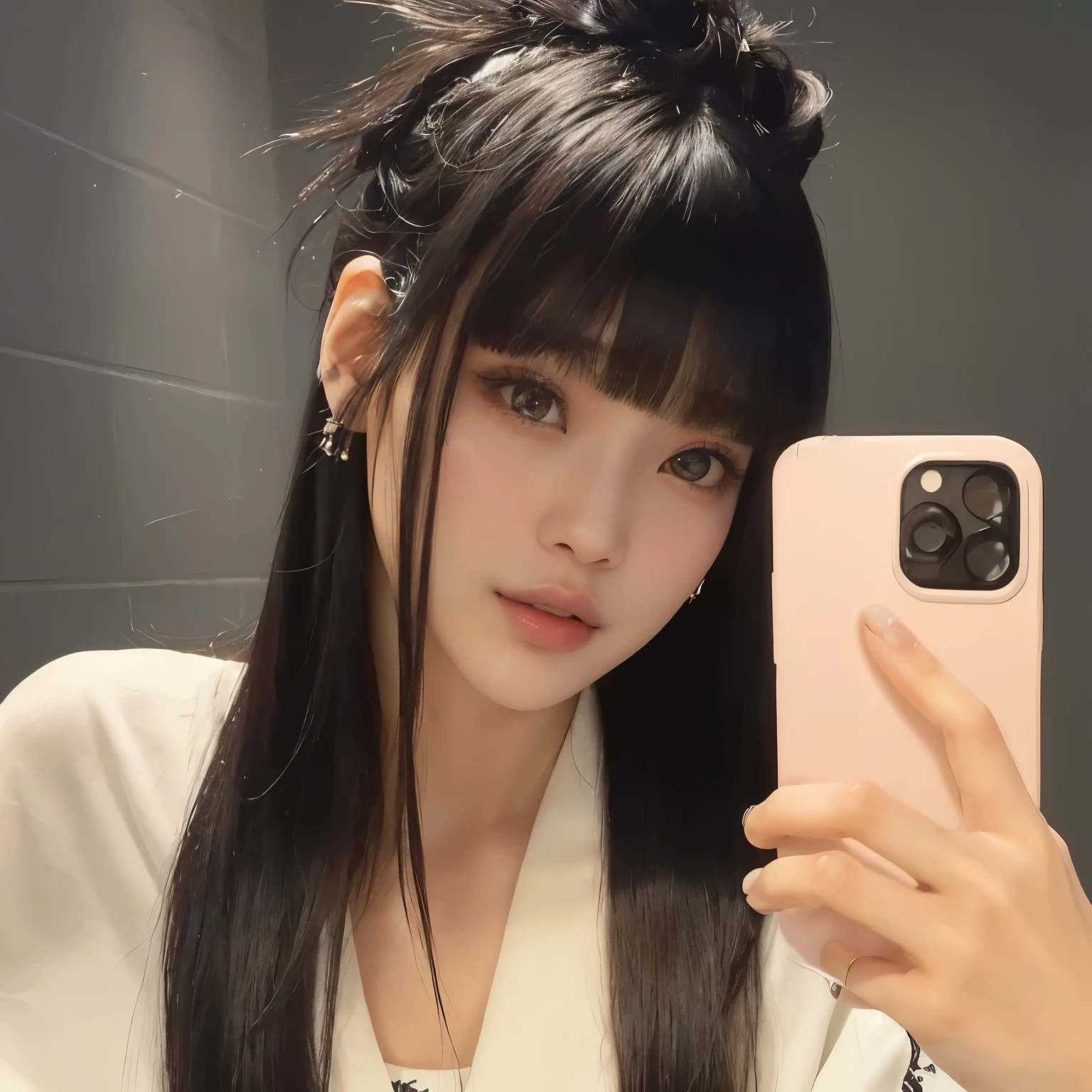 un primer plano de una mujer con una camisa con estampado de leopardo, Hye Kyo Song, kiko mizuhara, she has black hair con flequillo, con flequillo, lee ji - eun, lee ji-eun, itagaki paru, actriz femenina de corea, Hwang se - es, flequillo de cortina, sui ishida con cabello negro, aparcar desde-min, flequillo esponjoso