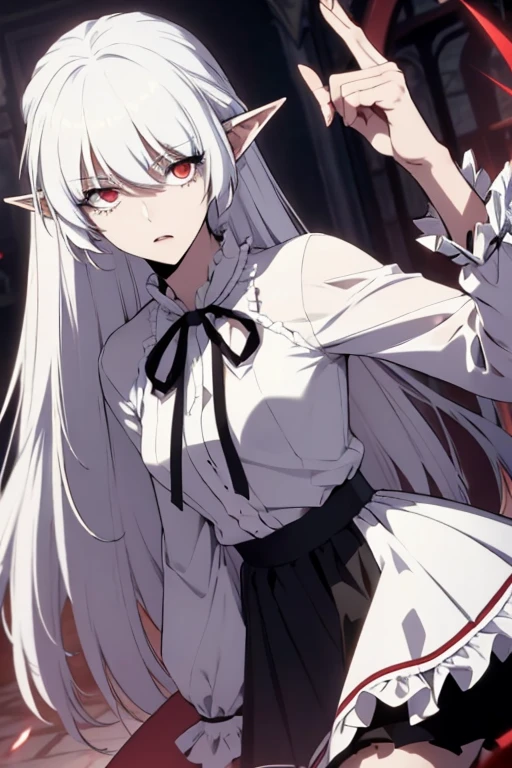 alice vampire white hair, Long Hair, Red eyes, Pointed Ears,  white shirt, Frills, Neck ribbon, Black Skirt