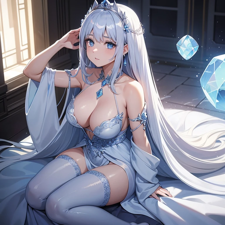 The girl had silver hair, que brillaba al sol, y ojos azules brillantes que brillaban como diamantes. Her  figure was wrapped in a flowy dress., mientras alas plateadas brotaban de su espalda. On her head was a diamond crown that shone even in the shadows..