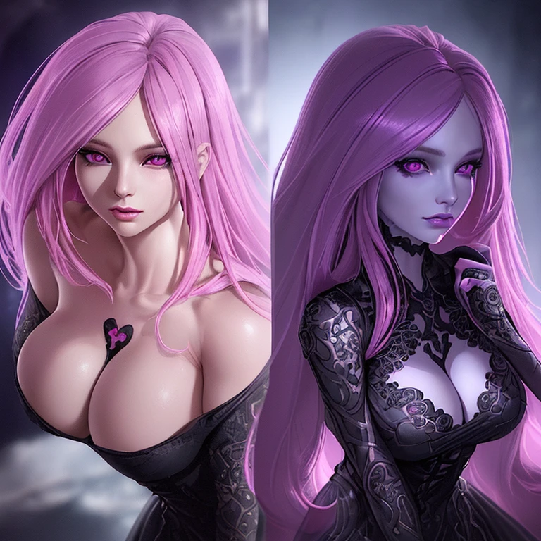 "The Beautiful Woman. Very attractive, detailed and pink-colored eyes, purple hair, detailed and beautiful body, beautiful face, full body and attractive appearance, in a black dress, (best quality, ultra-detailed, photorealistic:1.37), portraits, vibrant colors, soft and warm lighting."