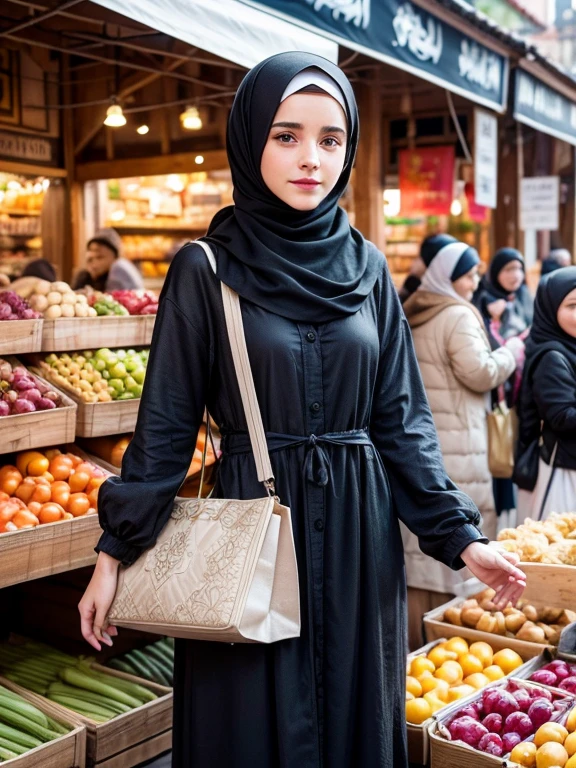 A beauty Emma Watson with hijab, holding a handbag, shopping in the market, beautiful detailed eyes, beautiful detailed lips, extremely detailed eyes and face, long eyelashes, cheerful expression, perfect hands, handbag in hand, shopping in a vibrant market, exotic spices and colorful fruits and vegetables, atmospheric lighting, deep and warm color tones, traditional market setting, authentic and lively atmosphere, creative stall displays, interaction with friendly vendors, smiling faces, and bustling crowd, local architecture and cultural elements in the background, (best quality, 4k, 8k,highres, masterpiece:1.2), ultra-detailed, (realistic, photorealistic, photo-realistic:1.3), (full body portrait), tall background