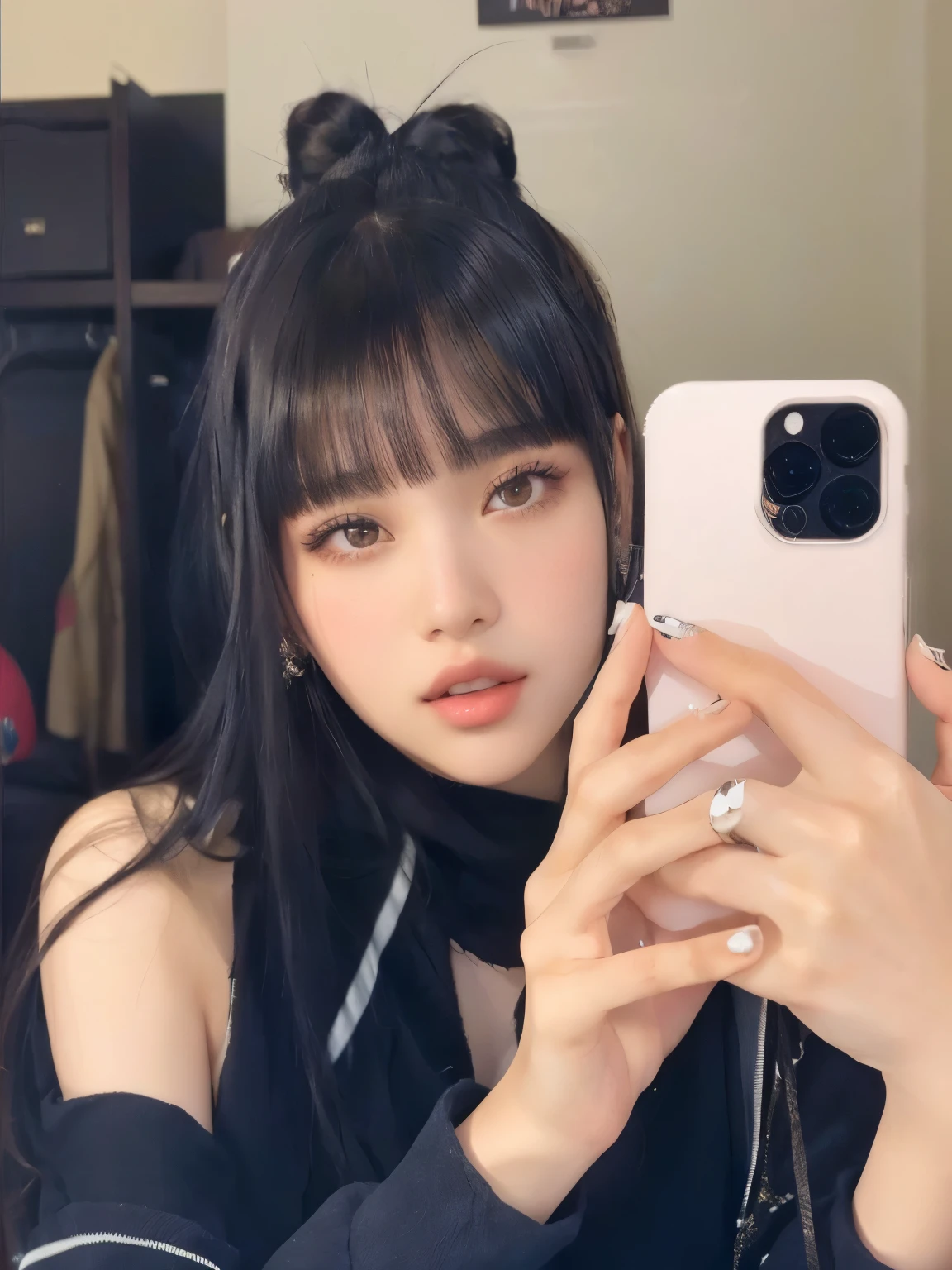 Araffe girl with black hair and bangs taking a selfie., she has black hair con flequillo, ruan cute vtuber, Lalisa Manobal, Con flequillo completo, con flequillo, bella delfina, Lalisa Manoban de Blackpink, neat hair con flequillo, pale korean adorable face, ulzzang, long hair Con flequillo completo
