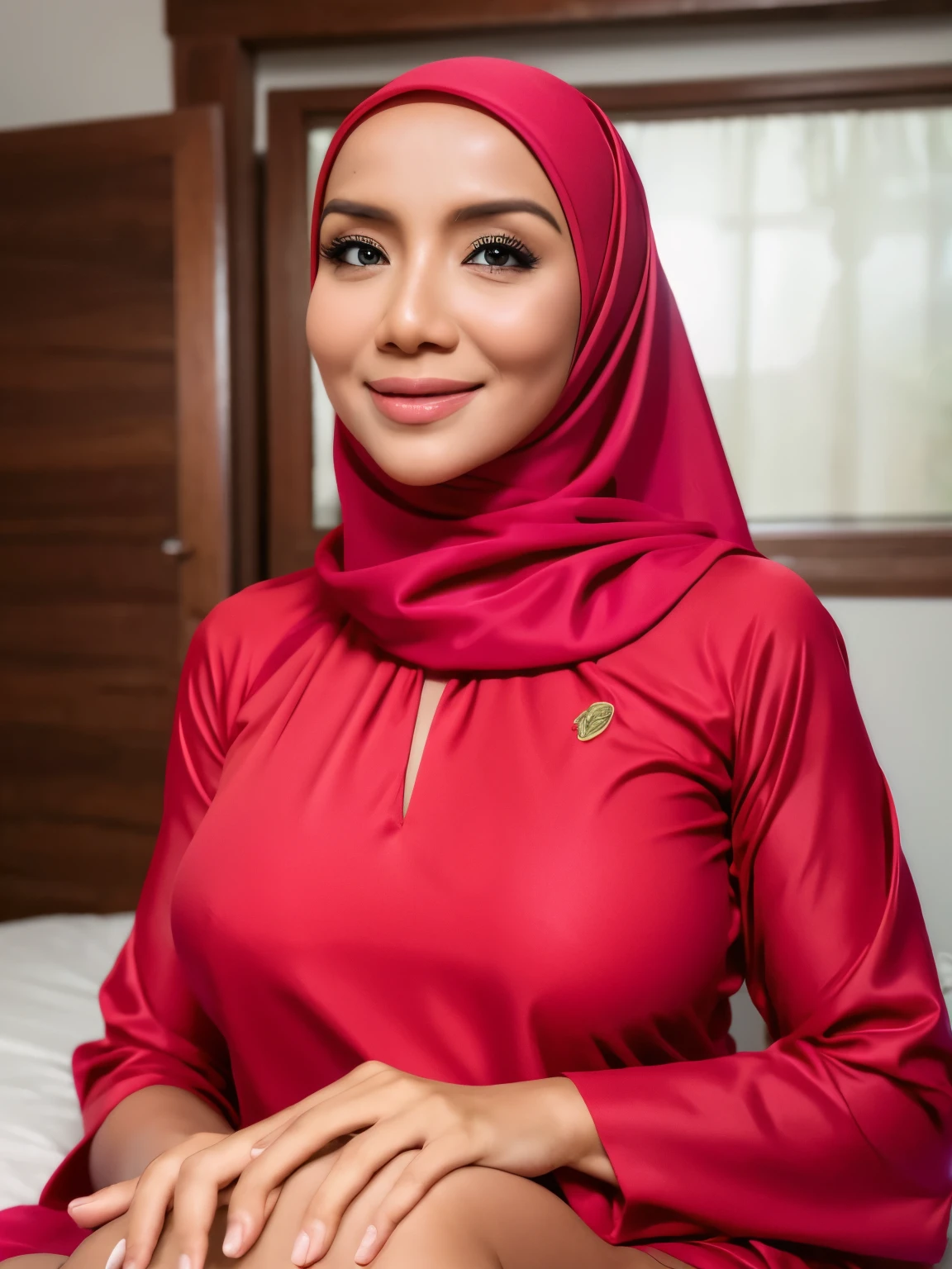 1 lady, 30 years old, hijabi, fine wrinkles, posing with hands up, lying on floor, red malay baju kurung, big breast, covered up, wearing plain hijab, semi tight