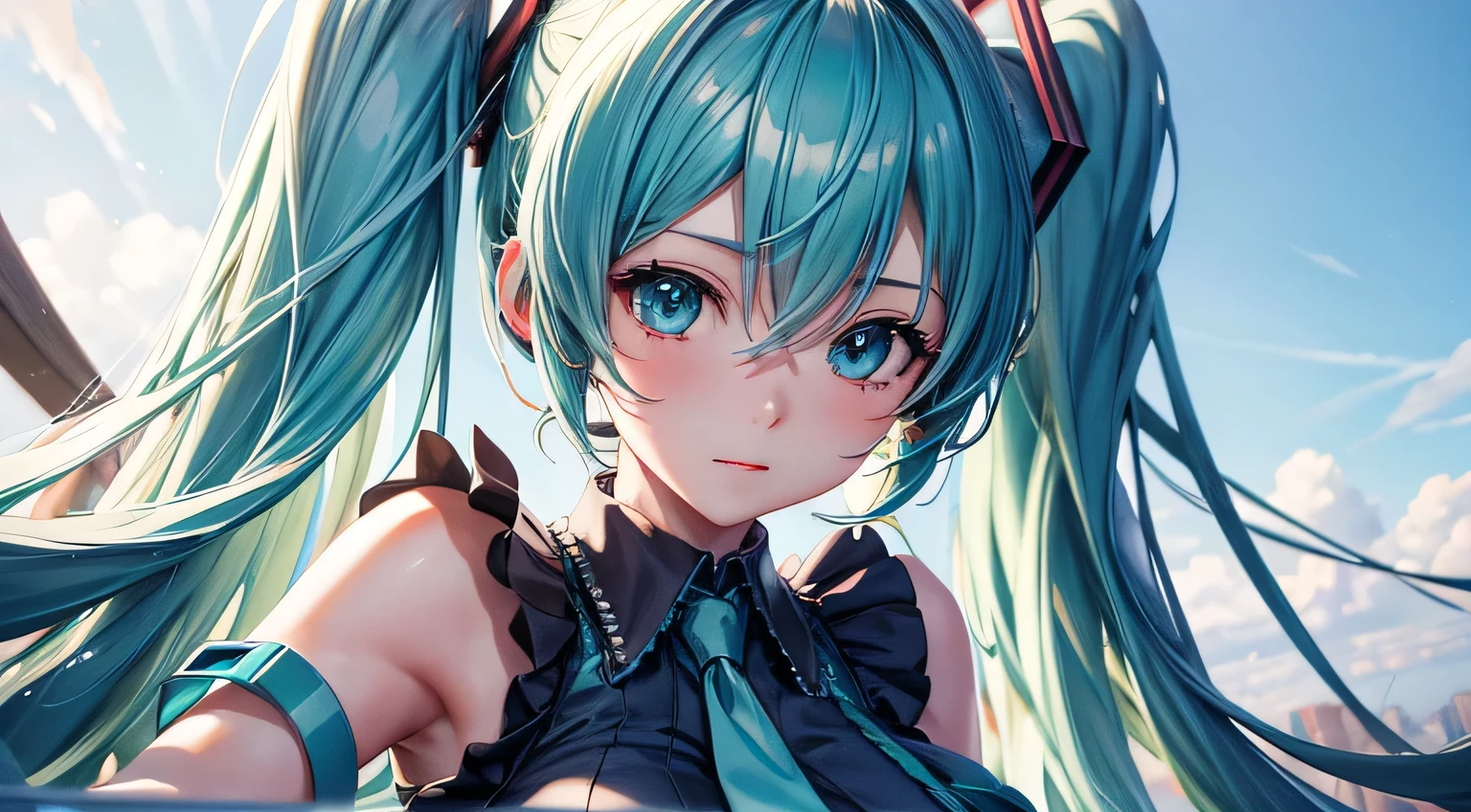 Hatsune Miku　Detailed facial expression depiction　Detailed eye depiction　Detailed hair depiction　Perfect upper body drawing　Big Breasts